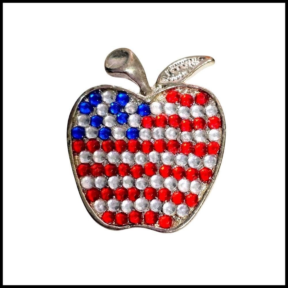 Apple Pin Brooch American Flag Rhinestoneโ Patriotic Teacher Gift Jewelry